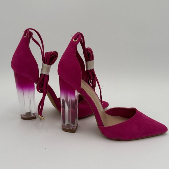 ShoeDazzle Kaia Heels Size 6 Hot Pink Suede Lace Up Clear Block Ombre Heels - Picture 7 of 9